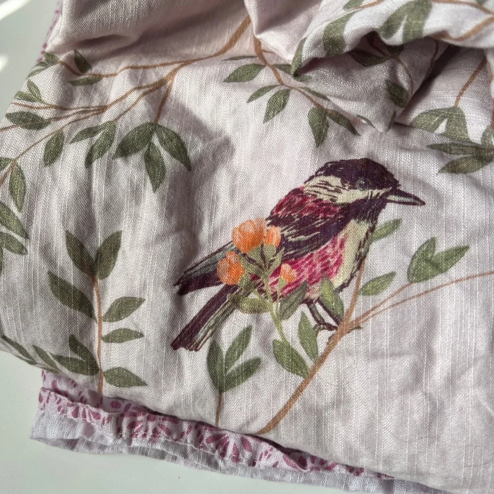 Anthropologie Priyanka Blossom Duvet Cover Queen Organic Cotton Pink Floral Bird